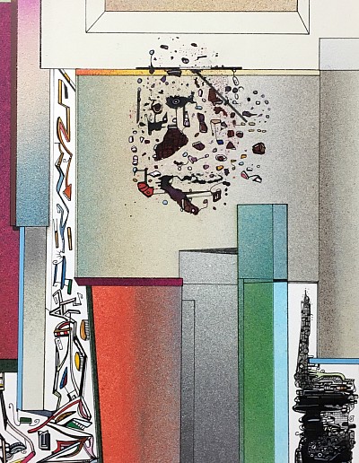 Detail from, Breaking Square. Spraypaint watercolour and ink on arches paper, Jason Davies 2007.